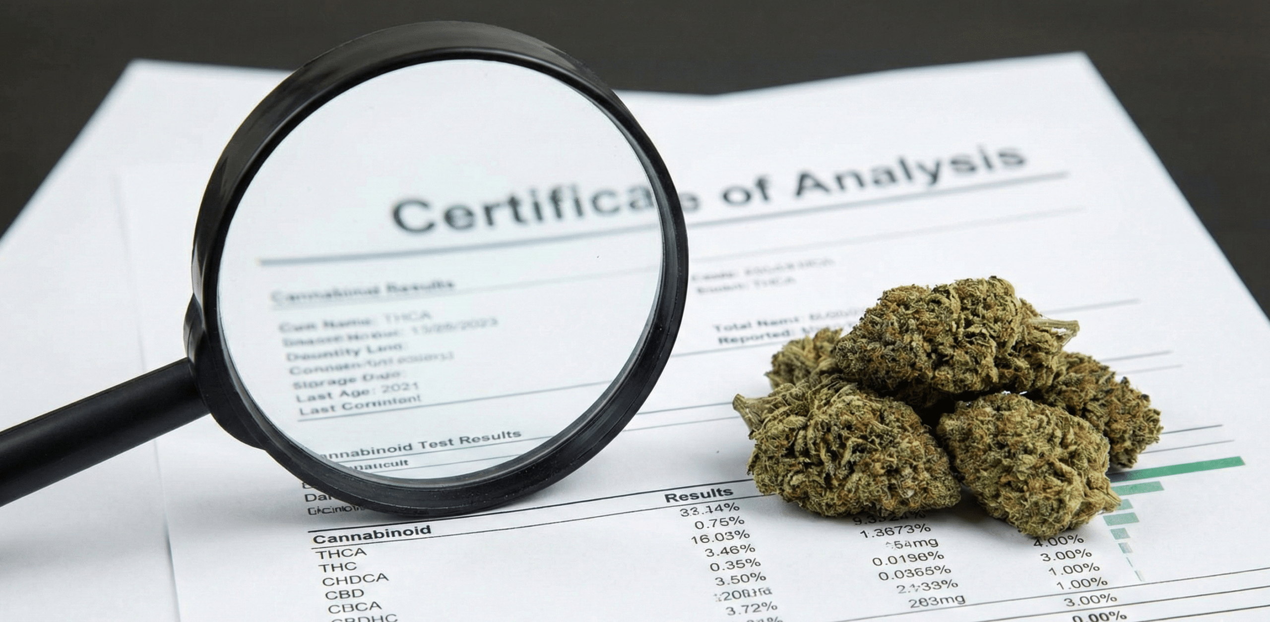 A detailed Certificate of Analysis for THCA flower showing cannabinoid and terpene profiles.