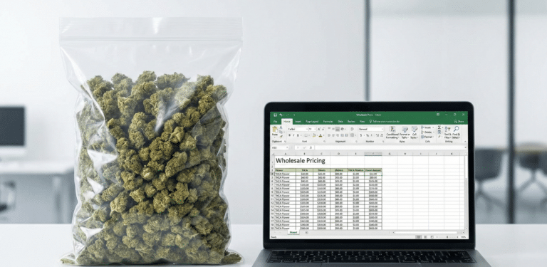 A display of various THCA flower strains showcasing quality and pricing differences in the wholesale market.