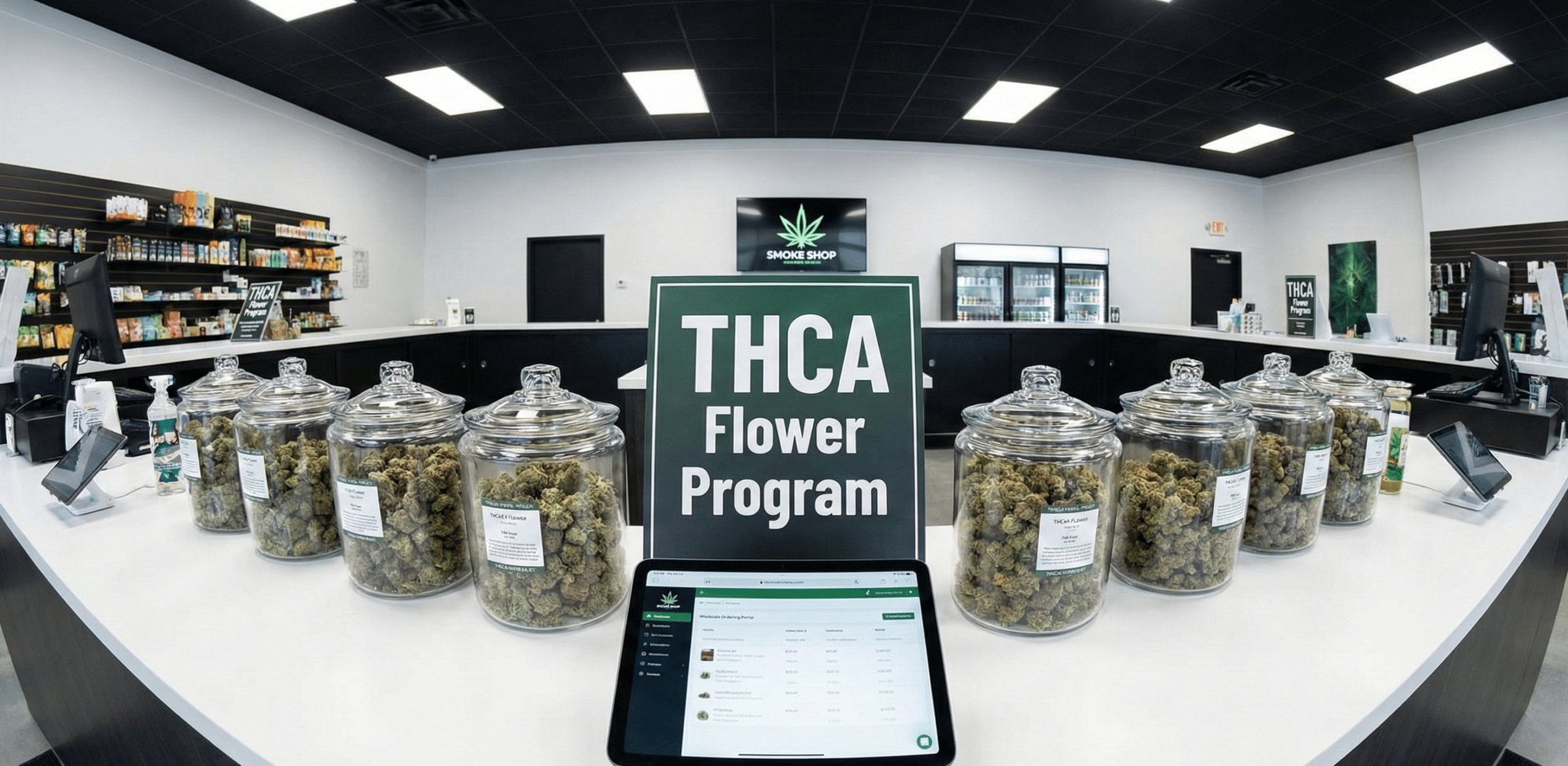Display of THCA flower strains in a smoke shop showcasing various options for customers.