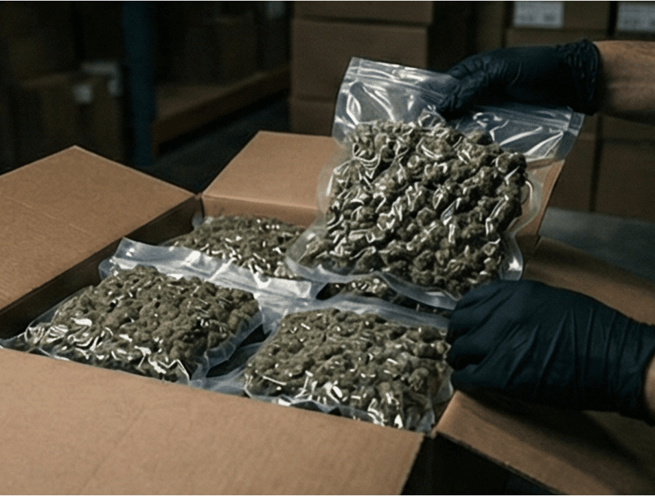 Bulk THCa flower pounds packaged for wholesale B2B shipment.