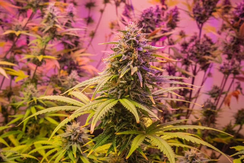 Indoor cannabis grow room with THCA plants under LED lights